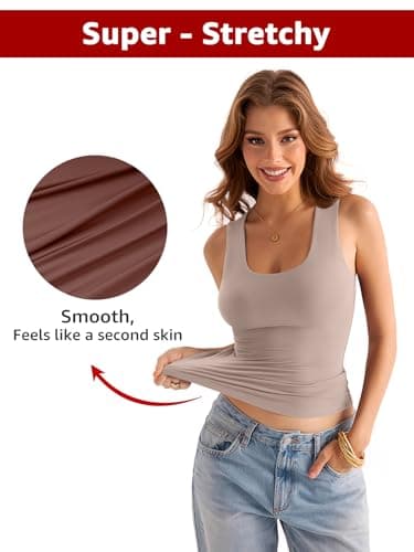EasyGala Womens Double Lined Scoop Neck Tank Tops Basic Slim Fit Sleeveless Shirts Y2K Summer Going Out Outfits Khaki Small - Image 2