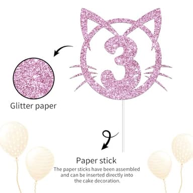 YHEZXUN Cat 3 Cake Topper, 3rd Birthday Cake Decoration, Pet Cat Kitty Theme Three Years Old Cake Topper Pink Glitter Cute Party Supplies - Image 3