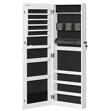SONGMICS Jewelry Cabinet Armoire, Lockable Wall-Mounted Organizer Unit with 2 Plastic Cosmetic Storage Trays, Full-Length Frameless Mirror, White UJJC001W01 - Image 8
