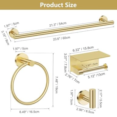 TQKAG 5 Piece Bathroom Towel Bar Holder Sets Brushed Gold Bathroom Hardware Set Stainless Steel Toilet Paper Holder with Shelf Bathroom Accessories Kit Wall Mounted - Image 7