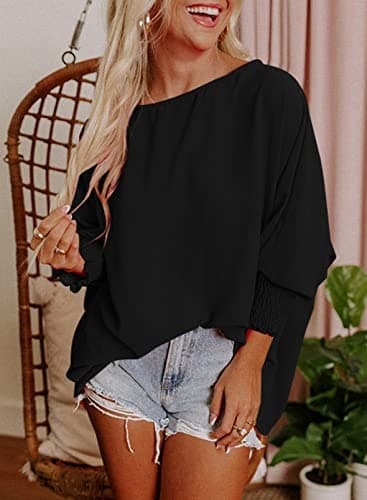 Dokotoo Womens Plus Size Tops Business Casual Outfits Crew Neck Spring Summer Ladies Tops Loose Fashion 3/4 Puff Sleeve T Shirts Flowy Blouses for Women Dressy Casual Black XL - Image 2