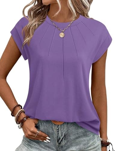 Vivilli Trendy Tops for Women 2025 Summer Cotton Cap Sleeve Tshirts Womens Short Sleeve Tops Pleated Crew Neck T Shirts for Women Dressy Casual Spring Work Blouses Purple XXL - Image 1
