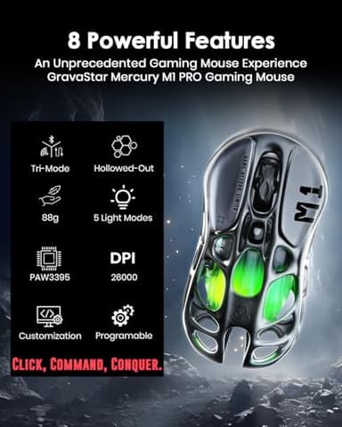 GravaStar Mercury M1 Pro Wireless Gaming Mouse – 26,000 DPI PAW3395DM Sensor • Lightweight Magnesium Alloy • Tri-Mode (Wired/2.4GHz/Bluetooth) • 4K Polling Rate • Up to 200-Hour Battery - Image 2