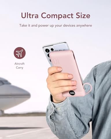 VEGER Portable Charger with Built-in AC Plug and Cables, All in One 10000mAh Ultra-Slim Power Bank, 15W Fast Charging for iPhone, Samsung, Android, Travel Essential (Crepe) - Image 8