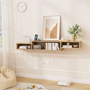 FABATO 59'' Floating TV Stand with LED Light Power Outlet, Floating Shelf for Under TV Wall Mount with Storage Shelf, Media Console Entertainment Center for Living Room, Natural Oak - Image 3