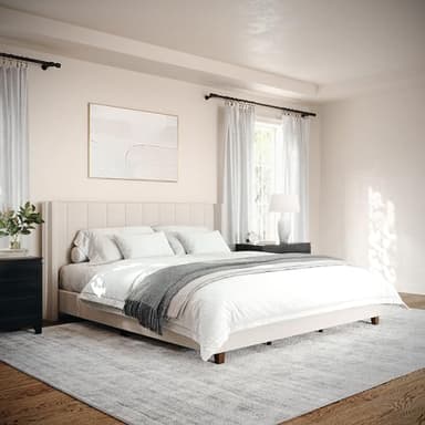 Martha Stewart Kay Low Profile Platform Bed with Wingback Headboard, Channel Stitched Faux Linen Upholstery, No Box Spring Needed, King, Beige - Image 6