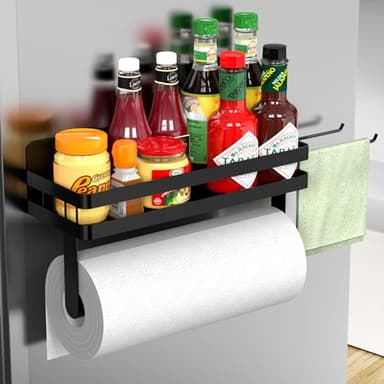 ZUNTO Magnetic Paper Towel Holder for Fridge, Black Kitchen Organizer with Towel Roll Holder, Spice Shelf and 2 Hanging Racks(No Drilling) - Image 1