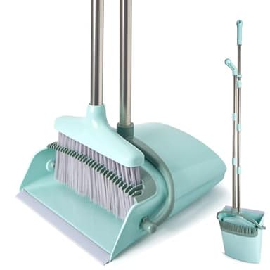 XXXFLOWER Broom and Dustpan Set with Cleaning Teeth, 55" Long Handle Indoor Sweeping Combo for Home Office Kitchen, Bluish Green - Image 1