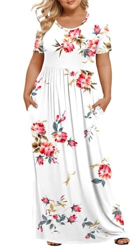 LONGYUAN Women's Short Sleeve Plus Size Swing Dress Maxi Long Wedding Dresses with Pockets Fl, 6XL Floral White - Image 1