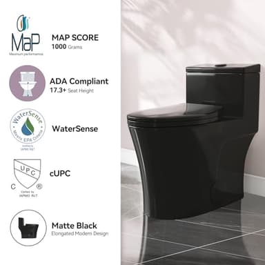 HOROW T0338WB Elongated One Piece Toilet Black, Compact Modern Toilet with Comfortable Seat Height, ADA Chair Height 17.3", Power Dual Flush 0.8/1.28 GPF & MAP 1000g, Matte Black, 12" Rough-in - Image 4