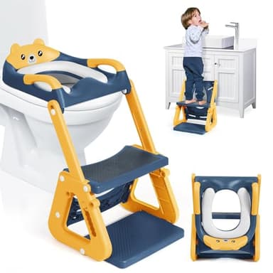 Orzbow 2-IN-1 Potty Training Seat with Step Stool, Height Adjustable Toilet Seat for Toddler, Potty Training with Splash Guard for Kids Boys Girls, Stability Ladder and Anti-Slip Pad, Yellow - Image 1