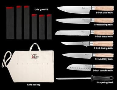 SYOKAMI 14pcs Chef Knife Set with Roll Bag, Professional Stainless Steel Japanese Knife Set with Pakkawood Handle for Professional Chef, Camping, Travel, BBQ, RV or Gift Beige - Image 6