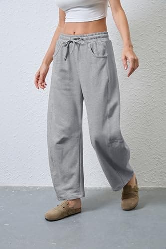 SeekMe Women's Barrel Leg Sweatpant Drawstring Elastic Waisted Wide Leg Pants Casual Cotton Palazzo Trousers with Pockets (0009-Grey-XL) - Image 4