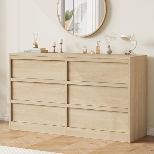GarveeHome 6 Drawer Dresser for Bedroom, Modern Double Dresser Organizer with 6 Drawers Large Storage, Wooden Chest of Drawers for Living Room, Nursery, Hallway - Natural - Image 1