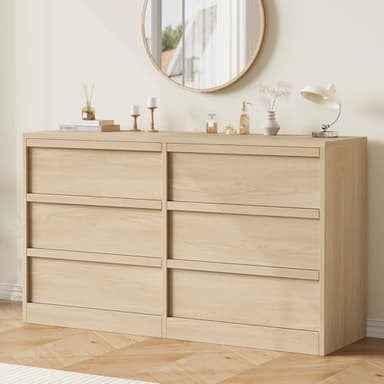 GarveeHome 6 Drawer Dresser for Bedroom, Modern Double Dresser Organizer with 6 Drawers Large Storage, Wooden Chest of Drawers for Living Room, Nursery, Hallway - Natural - Image 1