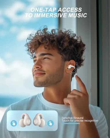 Jzones Open Ear Clip Wireless Earbuds Bluetooth 5.4, Lightweight Comfort Sports Bone Conduction Headphones Built-in Mic for Clear Audio, Stable Fit Earphones 24H Play-Beige - Image 6