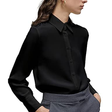 YAMANMAN Women's Button Down Shirt Classic Long Sleeve Collared Tops Work Office Chiffon Blouse Black - Image 1