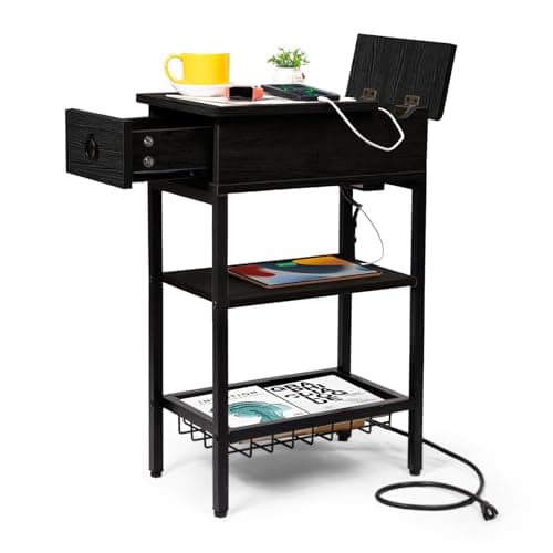 Cazacomzy Small Black Side Table Charging Station for Bedroom, Narrow Black Living Room End Tables with Storage, Skinny USB Nightstand with Outlet, Gaming Coffee Table for Couch with USB Ports - Image 1