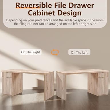 JXQTLINGMU 60" Modern Executive Desk with Storage, Wood Home Office Desk with Drawer & Cabinet, Fluted Computer Writing Desk for Study, Living Room, Bedroom, Oak - Image 5