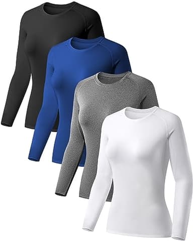 TELALEO 4 Pack Women's Compression Shirt Long Sleeve Performance Workout Baselayer Athletic Top Sports Gear-Black/Grey/White/Blue Large/02 - Image 1