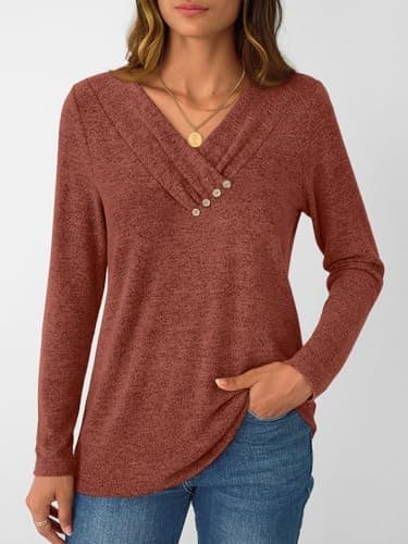 AUTOMET Womens Long Sleeve Tunic Top Lightweight Sweaters V Neck Button Shirts 2025 Dressy Casual Business Blouses Trendy Sweatshirt Fall Fashion Clothing Caramel L - Image 2