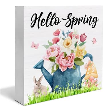 YXSEZ Rustic Wooden Spring Decorative Sign - 5 x 5 Inches - Floral Theme - Tabletop - Hello Spring - Image 1