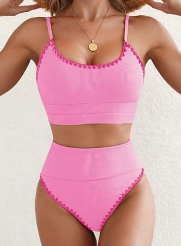 Herseas Women Solid Color Knit Ribbed 2 Piece Bikini Set Swimsuit Sporty Tummy Control Bathing Suits Beach Fasion Outfits Pink Crochet Trim Large 12 14 - Image 4