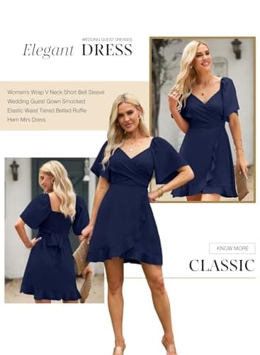 Dokotoo Womens Navy Blue Dresses Summer Wrap V Neck Short Sleeve Smocked Elastic Waist Tiered Belted Ruffle Hem Mini Dress Sexy Holiday Dresses for Women Graduation Dress L - Image 3