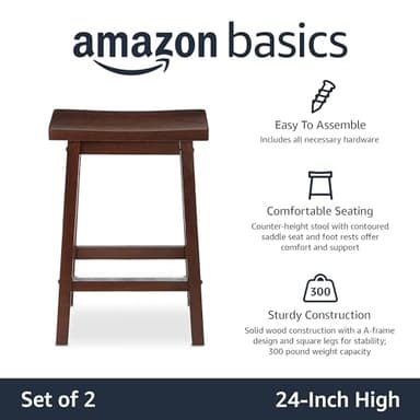 Amazon Basics Solid Wood Saddle-Seat Kitchen Counter Barstool with Footrest, Easy Assembly - 24-Inch Height - Walnut - Set of 2 - Image 4