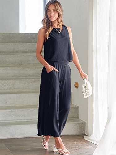 ANRABESS Women's Summer 2 Piece Outfits Sleeveless Crop Top Capri Wide Leg Pants Jumpsuit Casual Linen Lounge Matching Sets Beach Travel 2025 Trendy Clothes Navy Blue Large - Image 6