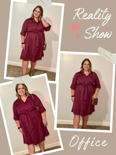 Theenkoln Womens Plus Size Button Dress Collared V Neck 3/4 Sleeve Casual Striped Print Drawstring Midi Fall Dresses with Pocket Burgundy - Image 4