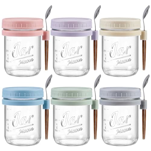 LANDNEOO 6 Pack Overnight Oats Containers with Lids and Spoons, 16 oz Glass Mason Overnight Oats Jars, Large Capacity Airtight Jars for Milk, Cereal, Fruit - Image 1