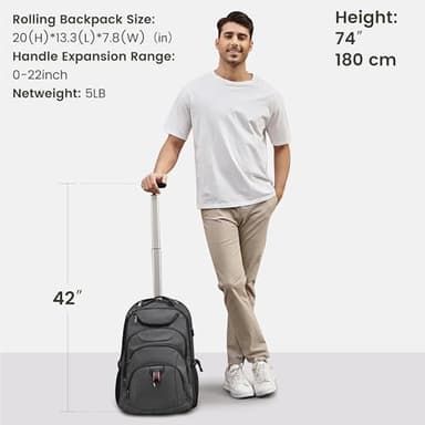 Boavan Rolling Backpack,17 inch Water Resistant Wheeled Backpack,Carry on Luggage Business Bag, Overnight College Computer bag Trolley Suitcase for Men Women Adults to Travel，Grey - Image 4