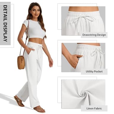 SEMARO Womens Casual Linen High Waist Pants Drawstring Loose Fit Summer Pants Trousers with Side Pockets White - Image 6