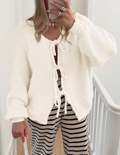 PRETTYGARDEN Women's Tie Front Bow Cardigan Sweaters Chunky Knit Long Puff Sleeve Trendy Fall Winter Jacket Coats (White,Small) - Image 5