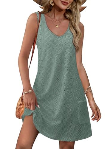 OFEEFAN Swimsuit Coverup for Women Summer Dresses 2025 Loose V Neck Swing Tank Dress Sundresses with Pockets Eyelet Green S - Image 1