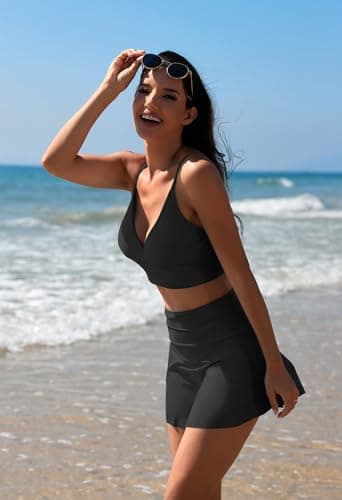 Pink Queen Women's High Waisted Bikini Set Two Piece Swimsuit V Neck Spaghetti Straps Swim Skirt Bathing Suit Black L - Image 6