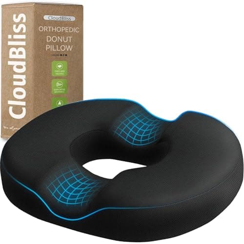 CloudBliss Donut Pillow Seat Cushion for Tailbone Pain Relief and Hemorrhoids, Memory Foam Chair Cushion, Seat Cushions for Men and Women for Home & Office, (Black-XL) - Image 1