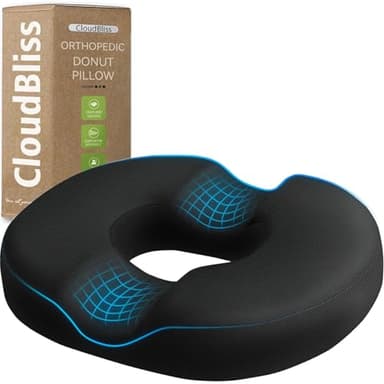 CloudBliss Donut Pillow Seat Cushion for Tailbone Pain Relief and Hemorrhoids, Memory Foam Chair Cushion, Seat Cushions for Men and Women for Home & Office, (Black-XL) - Image 1