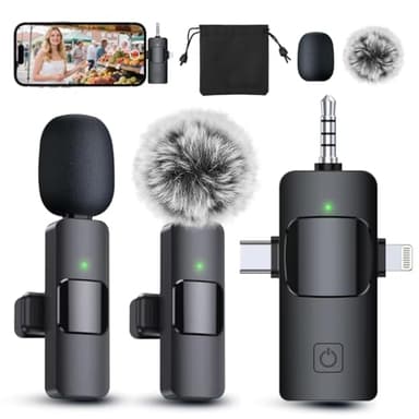 PQRQP 3 in 1 Professional Wireless Lavalier Microphone for iPhone, Android, Camera, Wireless Mini Microphones, Crystal Clear Sound Quality for Recording, Live Streaming, YouTube, TikTok, Elegant Black - Image 1