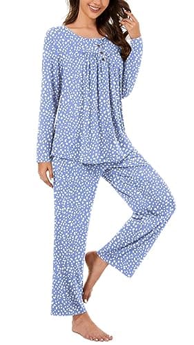 Bestbee Womens Pajama Set Plus Size, 2 Piece Lounge Outfits Pleated Sleepwear Sets Long Sleeve With Pockets Ladies Pjs, 2XL, Spotted Blue - Image 2