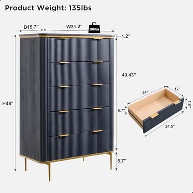 T4TREAM Fluted 5 Drawers Dresser for Bedroom, 48" Tall Modern Dresser Chest of Drawers, Gold Accents, Fluted Fronts, Wood Storage Dressers Organizer for Bedroom, Living Room, Dark Grey - Image 2