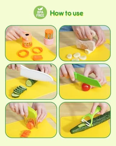 melican Kids Kitchen Knife Set, 11 Pcs Montessori Kitchen Tools for Toddlers' Real Cooking, Include Kid Knives, Crinkle Cutter, Sandwich Cutters, Peeler, Cutting Board for Birthday - Image 2