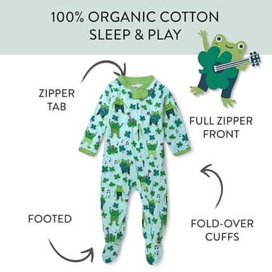 HonestBaby Sleep and Play Footed Pajamas One-Piece Sleeper Jumpsuit Zip-Front Pjs Organic Cotton for Baby Boys, Unisex, St Pats Boy, Newborn - Image 2