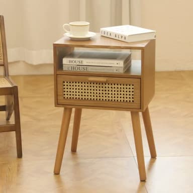 MaxSmeo Mid Century Modern Nightstand with Drawer, Small Nightstand Bedside Table, Rattan Nightstand, Wood End Table for Bedroom, Living Room (Brown) - Image 2