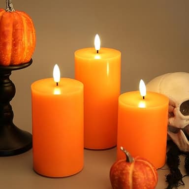 Eywamage Orange Halloween Flameless Pillar Candles with Remote, Real Wax Flickering Fall LED Candles Battery Operated Set of 3 - Image 4