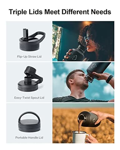 BUZIO 64 oz Water Bottle Insulated with Straw & 3 lid and Carrying Pouch, Leak Proof Half Gallon Stainless Steel Water Flask Jug, Cold for 48 Hrs Double Vacuum Thermo Canteen, BPA-Free, Black - Image 3