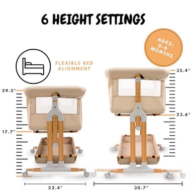 Bassinet Bedside Sleeper for Baby 6 Months, Convertible Cosleeping Baby Bed Attach to Bed with Wheels, Mattress, Storage Diaper Caddy, 6 Adjustable Height, Breathable Mesh Drop Down Side, Gold - Image 3