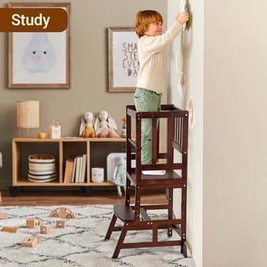 COSYLAND Toddler Standing Tower - Adjustable Height Toddler Kitchen Stool Helper - Kids Kitchen Step Stool for Learning with Removable Safety Railing Brown - Image 9
