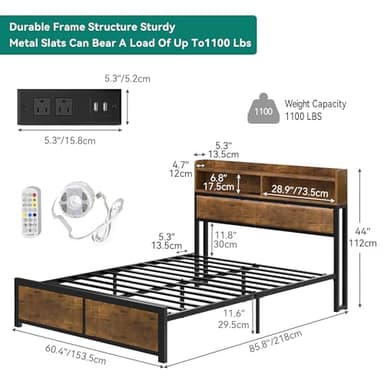 YITAHOME Queen Bed Frame with 2-Tier Storage Headboard, Metal Platform Bed Frame with Charging Station & LED Lights, Noise-Free/Metal Support/No Box Spring Needed, Rustic Brown - Image 2